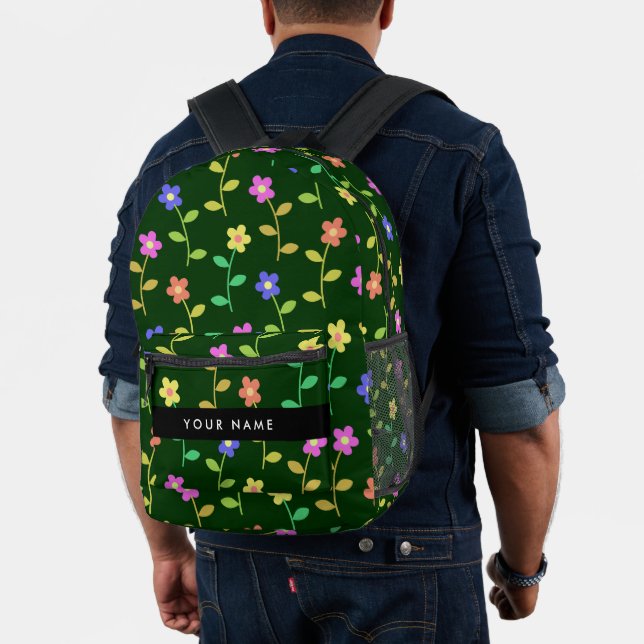 Colourful Flowers, Green Background, Black Printed Backpack (Insitu (Model))