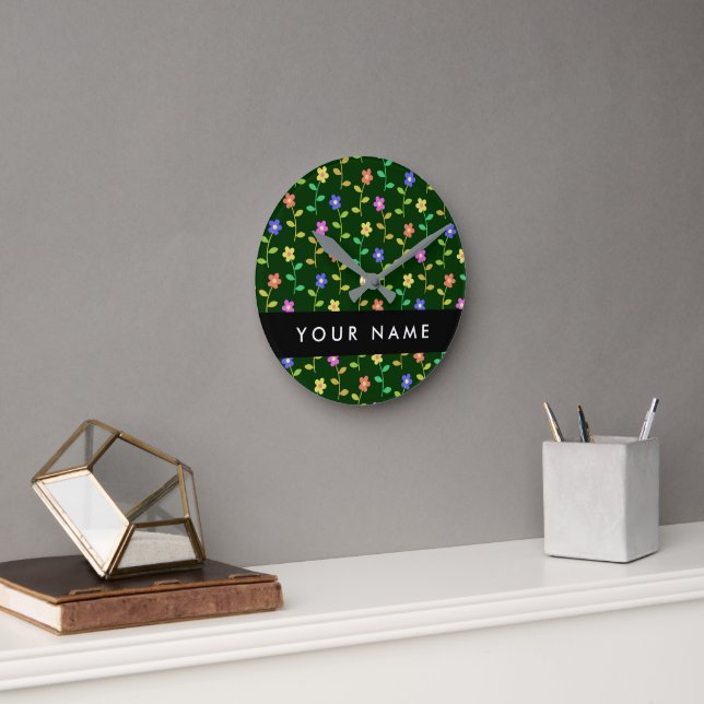Colourful Flowers, Green Background, Black Round Clock (Office)