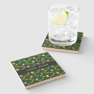 Colourful Flowers, Green Background, Black Stone Coaster