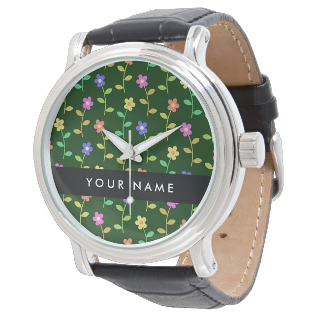 Colourful Flowers, Green Background, Black Watch (Angled)