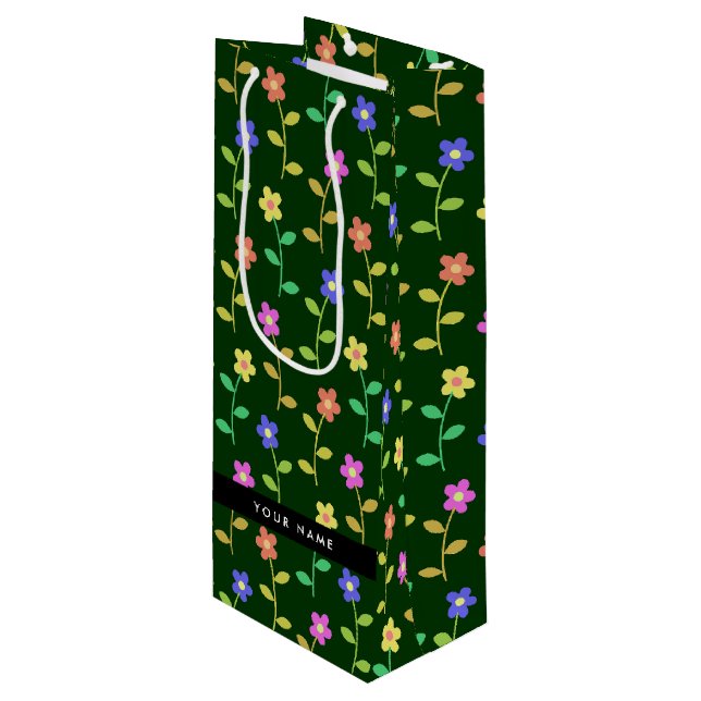 Colourful Flowers, Green Background, Black Wine Gift Bag (Front Angled)