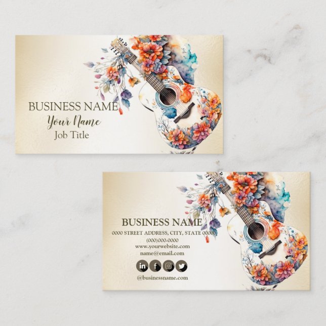 Colourful Flowers Guitar Music Instrument Business Card (Front/Back)