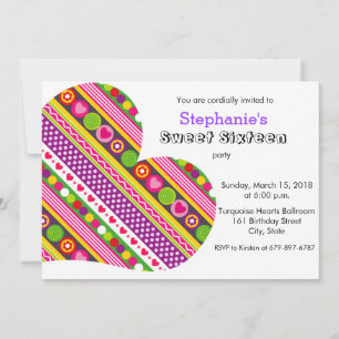 Colourful flowers hearts Sweet 16 Party Invitation