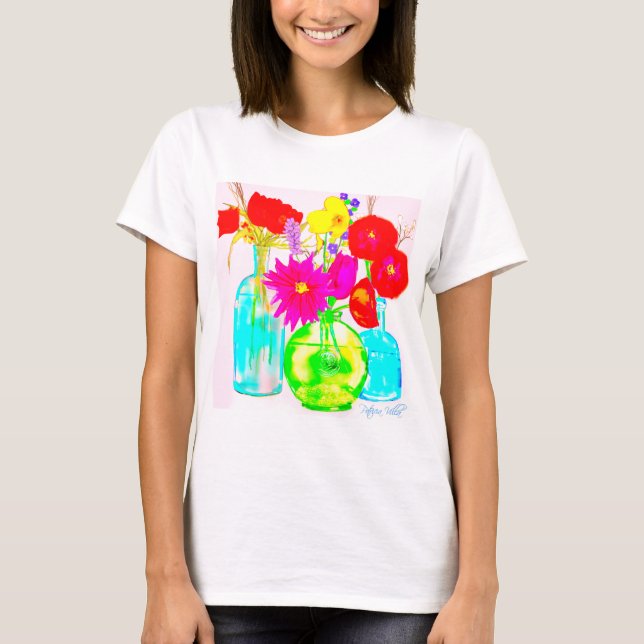 Colourful Flowers in Bottles on T-Shirt (Front)