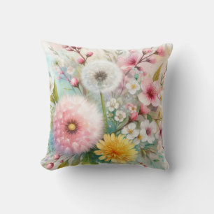 Colourful flowers in soft pastel colours watercolo cushion