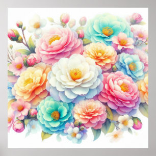Colourful flowers in soft pastel colours watercolo poster