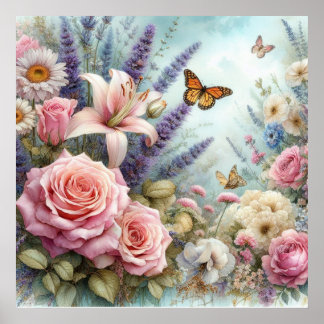 Colourful flowers in soft pastel colours watercolo poster