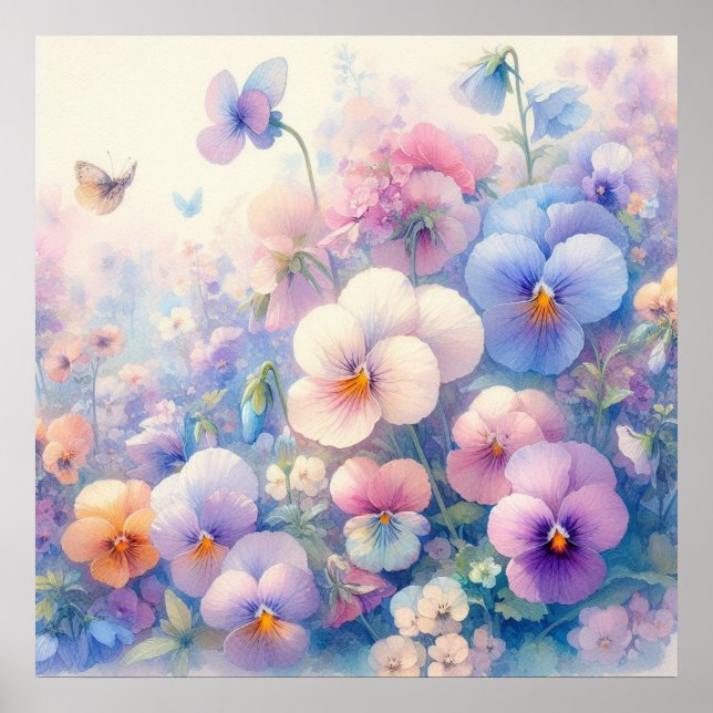Colourful flowers in soft pastel colours watercolo poster (Front)