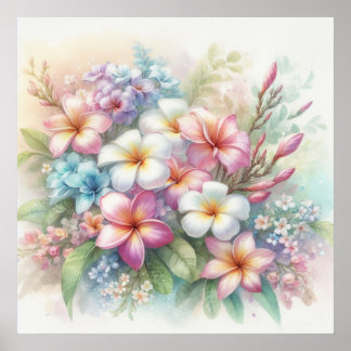 Colourful flowers in soft pastel colours watercolo poster
