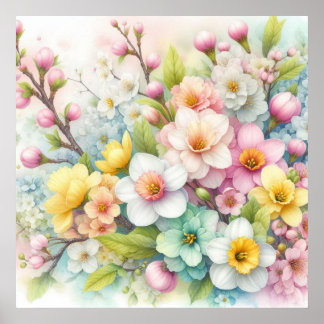 Colourful flowers in soft pastel colours watercolo poster