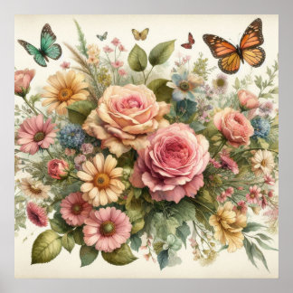 Colourful flowers in soft pastel colours watercolo poster