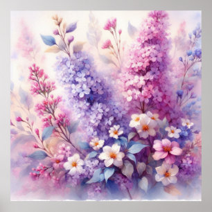Colourful flowers in soft pastel colours watercolo poster