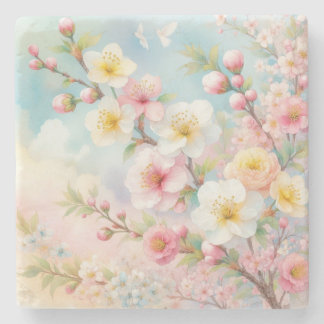 Colourful flowers in soft pastel colours watercolo stone coaster