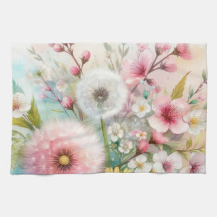 Colourful flowers in soft pastel colours watercolo tea towel