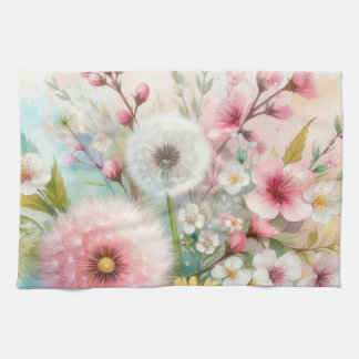 Colourful flowers in soft pastel colours watercolo tea towel