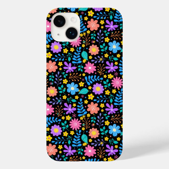 Colourful flowers in sparkling stars pattern Black Case-Mate iPhone Case (Back)