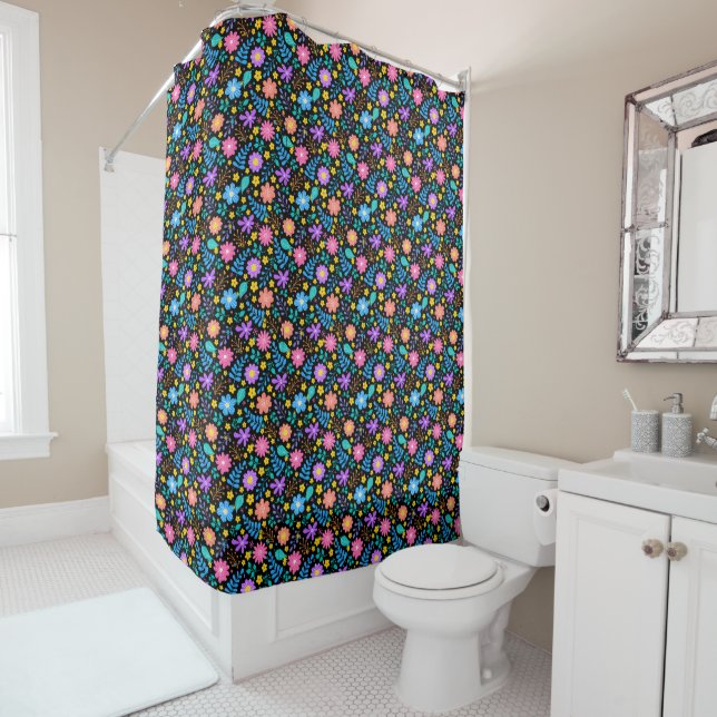 Colourful flowers in sparkling stars pattern Black Shower Curtain (In Situ)