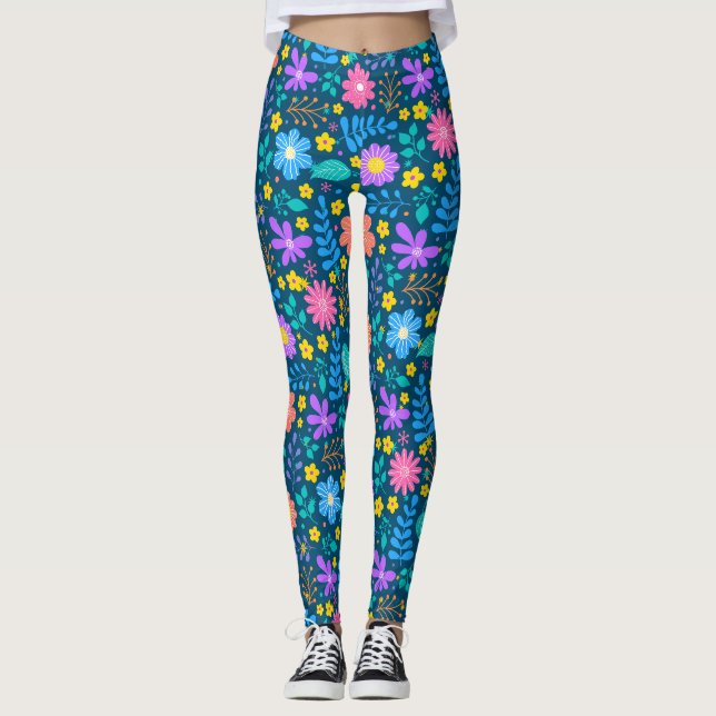 Colourful flowers in sparkling stars pattern D Blu Leggings (Front)
