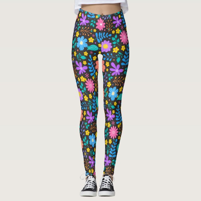 Colourful flowers in sparkling stars pattern D Gre Leggings (Front)