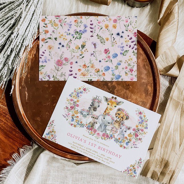 Colourful Flowers Jungle Safari Animals Birthday Invitation (Creator Uploaded)