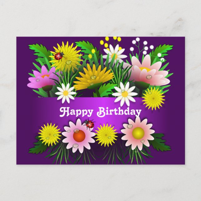 Colourful Flowers Lady Bugs Watercolor Birthday Postcard (Front)