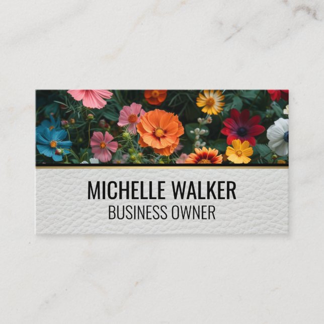 Colourful Flowers | Leather Business Card (Front)