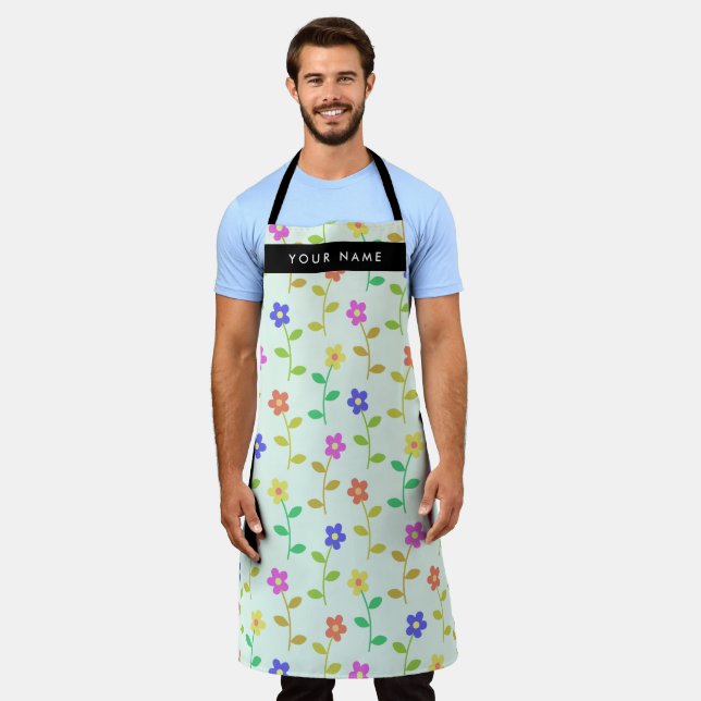 Colourful Flowers, Light Green Background, Black Apron (Worn)