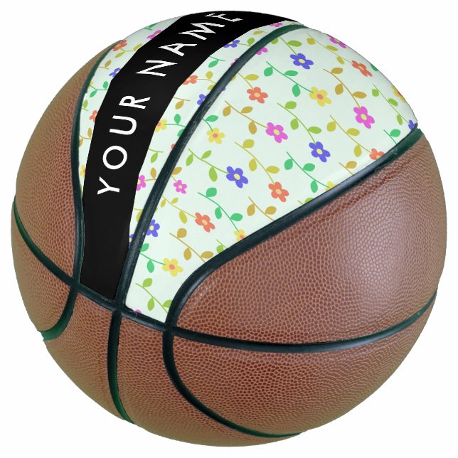 Colourful Flowers, Light Green Background, Black Basketball (Angled)