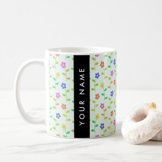 Colourful Flowers, Light Green Background, Black Coffee Mug (With Donut)
