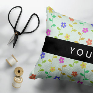 Colourful Flowers, Light Green Background, Black Decorative Cushion