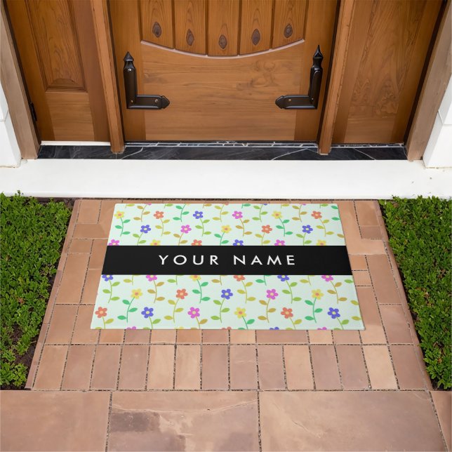Colourful Flowers, Light Green Background, Black Doormat (Outdoor)