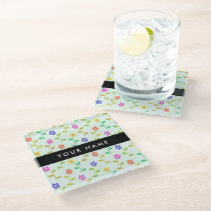 Colourful Flowers, Light Green Background, Black Glass Coaster