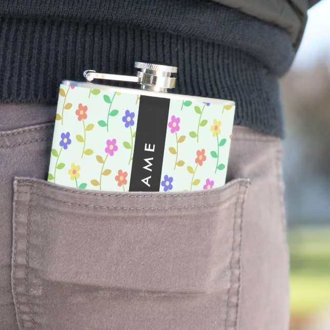 Colourful Flowers, Light Green Background, Black Hip Flask (In Situ)