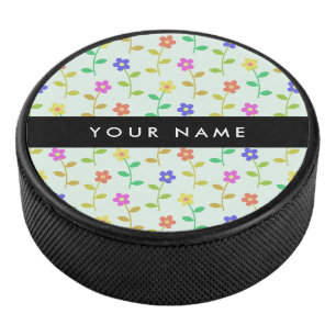 Colourful Flowers, Light Green Background, Black Hockey Puck