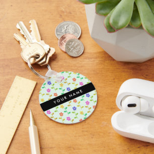Colourful Flowers, Light Green Background, Black Key Ring