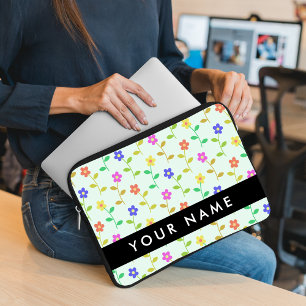 Colourful Flowers, Light Green Background, Black Laptop Sleeve