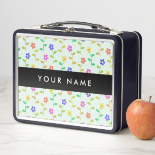 Colourful Flowers, Light Green Background, Black Metal Lunch Box