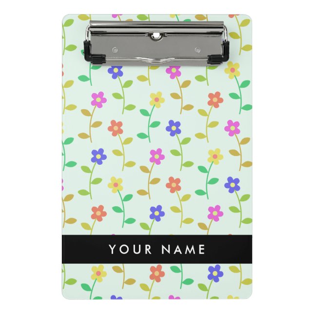 Colourful Flowers, Light Green Background, Black Mini Clipboard (Front)