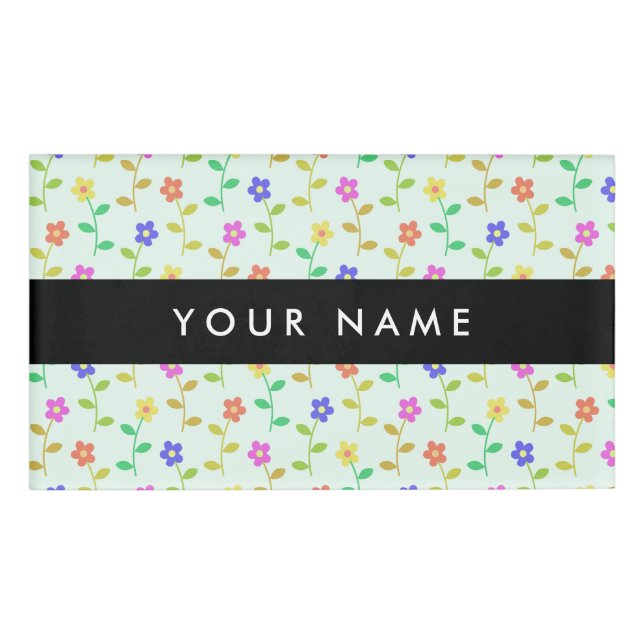 Colourful Flowers, Light Green Background, Black Name Tag (Front)