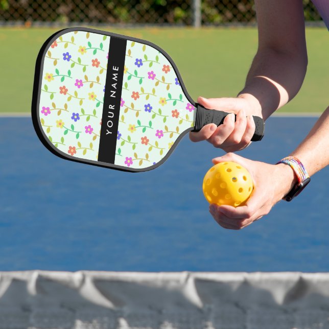 Colourful Flowers, Light Green Background, Black Pickleball Paddle (Insitu)