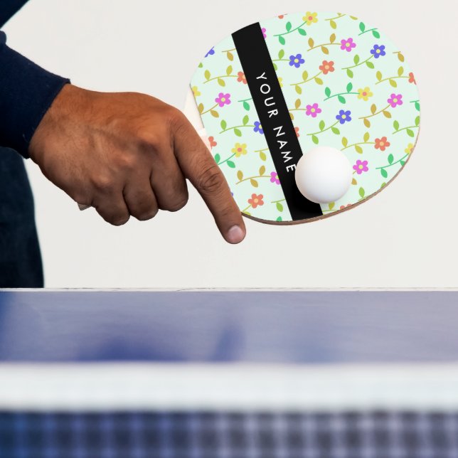 Colourful Flowers, Light Green Background, Black Ping Pong Paddle (Insitu)