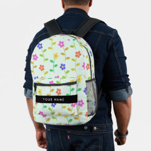 Colourful Flowers, Light Green Background, Black Printed Backpack