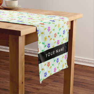Colourful Flowers, Light Green Background, Black Short Table Runner
