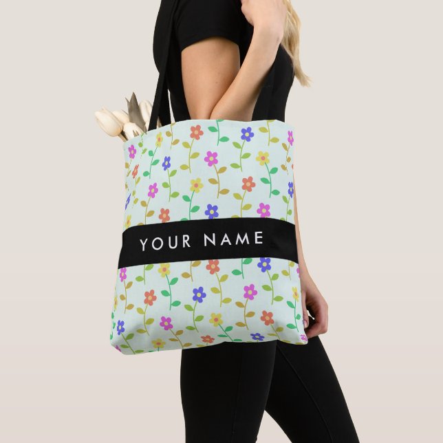 Colourful Flowers, Light Green Background, Black Tote Bag (Close Up)