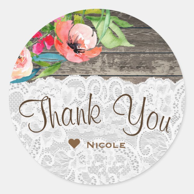 Colourful Flowers Modern Floral Chic Wood & Lace Classic Round Sticker (Front)