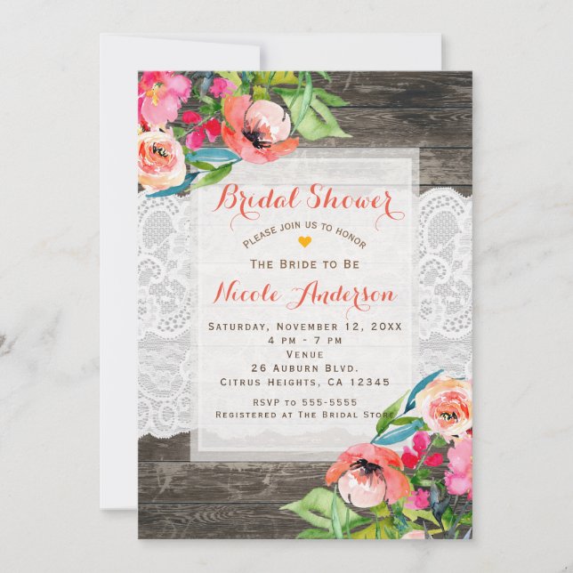 Colourful Flowers Modern Floral Chic Wood & Lace Invitation (Front)