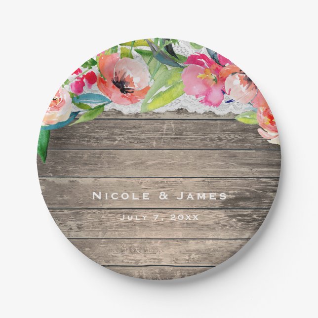 Colourful Flowers Modern Floral Chic Wood & Lace Paper Plate (Front)