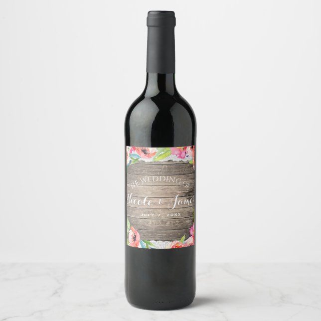 Colourful Flowers Modern Floral Chic Wood Lace WIn Wine Label (Front)