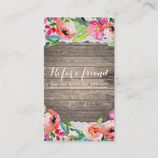 Colourful Flowers Modern Wood & Lace Refer a Frien Referral Card (Front)