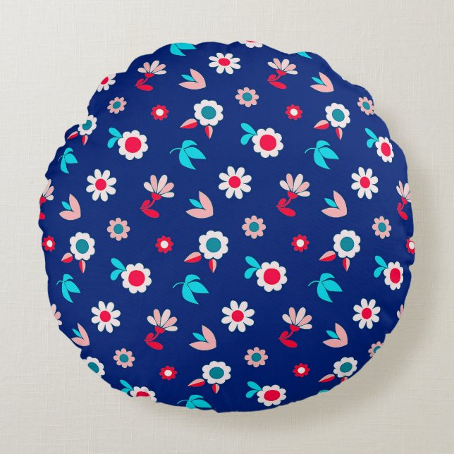 Colourful Flowers on a Dark Blue Background Round Cushion (Front)
